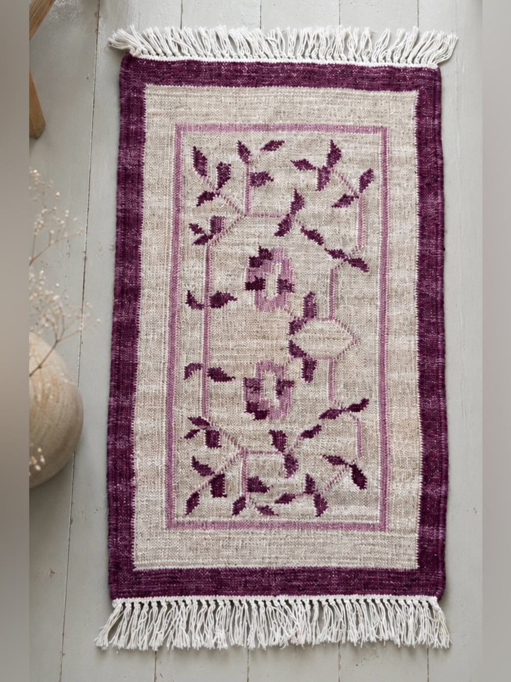 Vintage Handwoven Wool Floral Accent Rug with Fringe